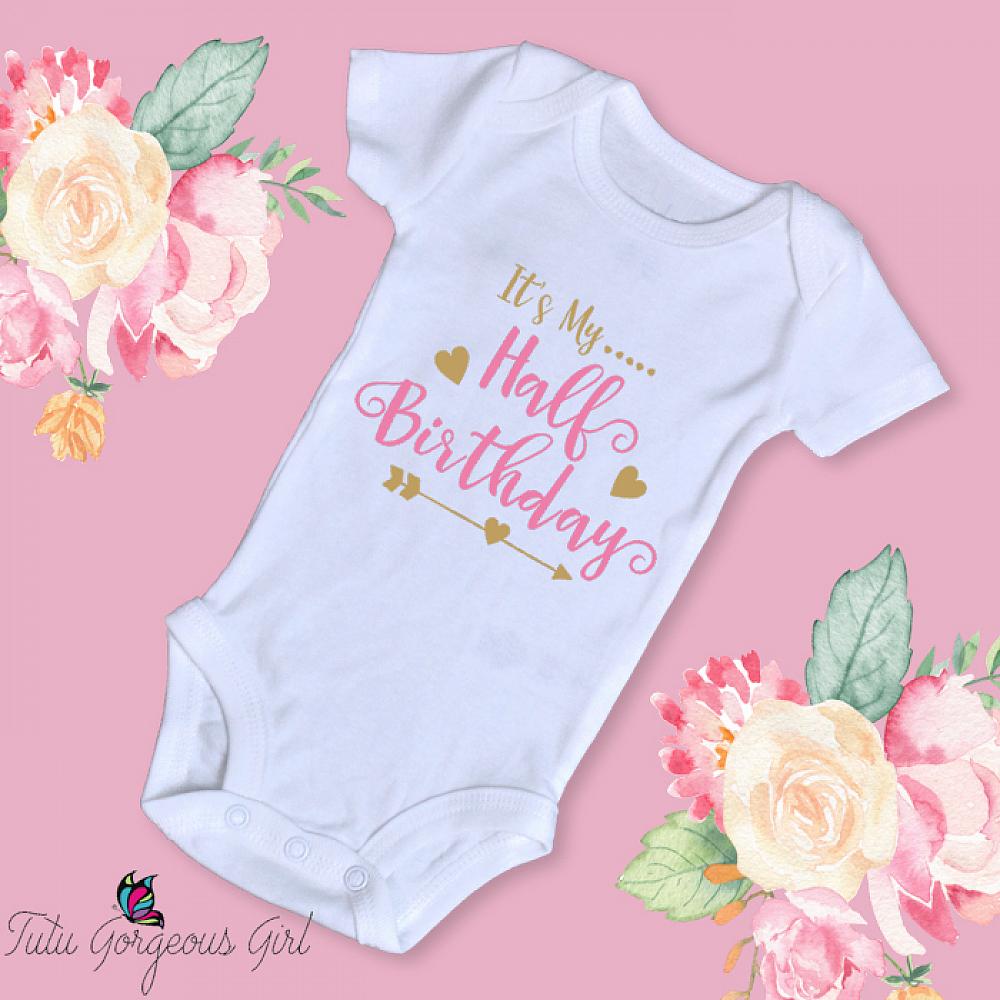 Pink and sparkle gold It s My Half Birthday shirt bodysuit. First Birthday shirt. Second Birthday shirt