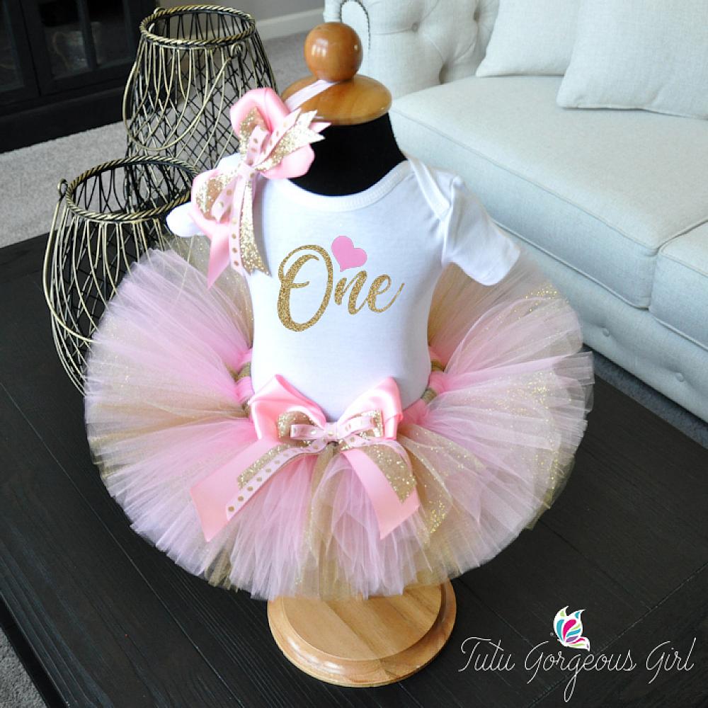 Girls 1st First Birthday Outfit Tutu Personalised Rose Gold Glitter Dusky DOB UK 